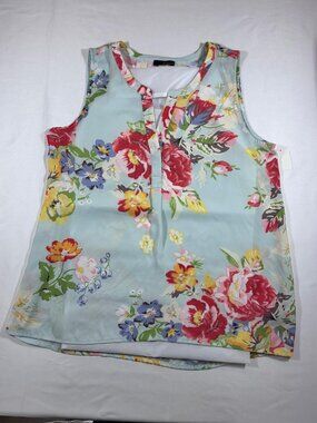 Renuar Blue Floral Sleeveless Blouse Tank Top - Size M